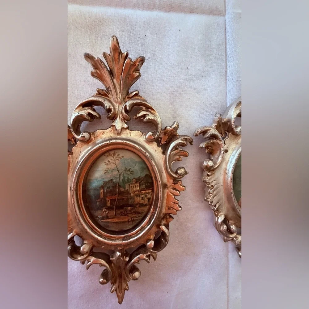 vintage Italian-style gilt gold framed silk prints